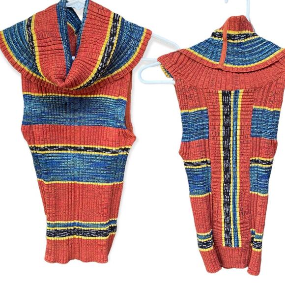 Free People - Rust, Yellow & Blue Printed Sleeveless Turtleneck Sweater … - Picture 4 of 4